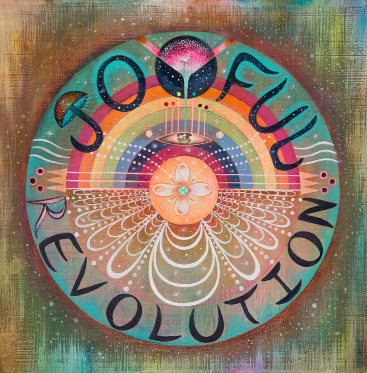 Joyful Evolution — circular mandala poster with rainbow and sacred geometry