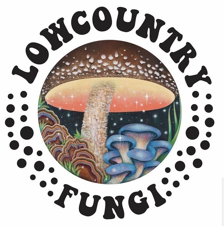 Low Country Fungi logo with mushroom illustration and text