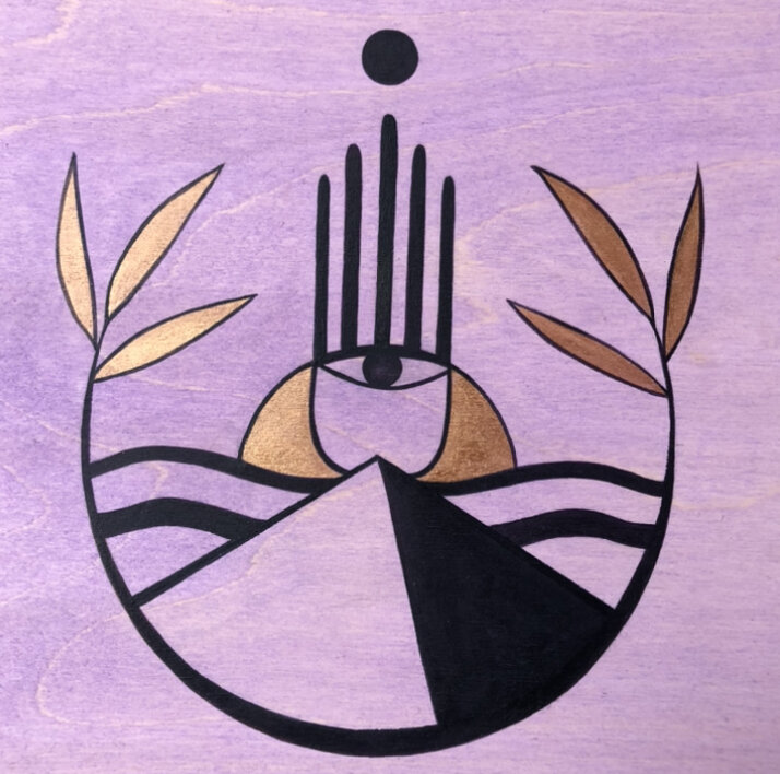 Chariot Apothecary — hand and eye symbol with botanical leaves on purple